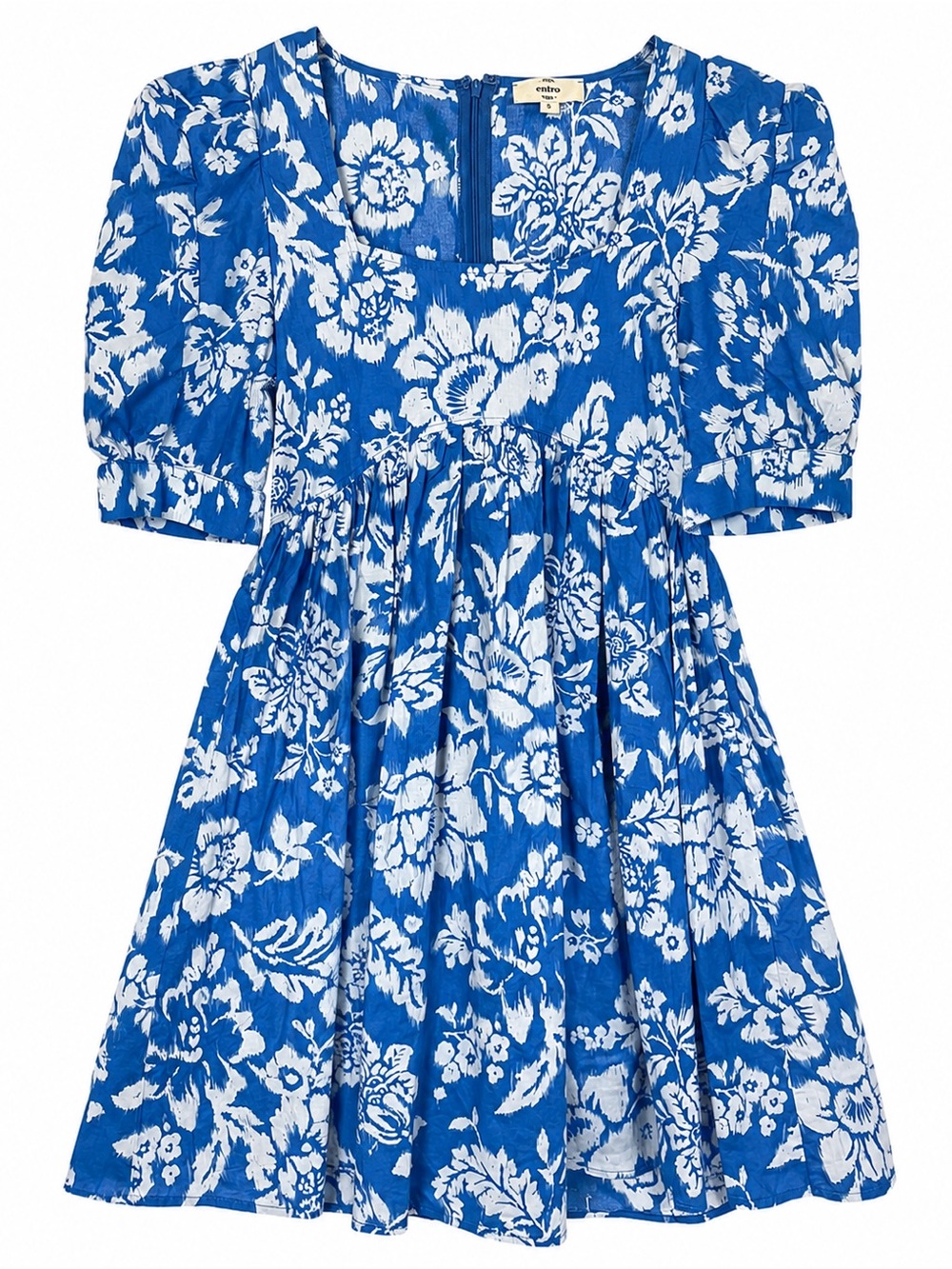 Entro 100% Cotton Blue Square Neck Floral Puff-Sleeve Dress-S